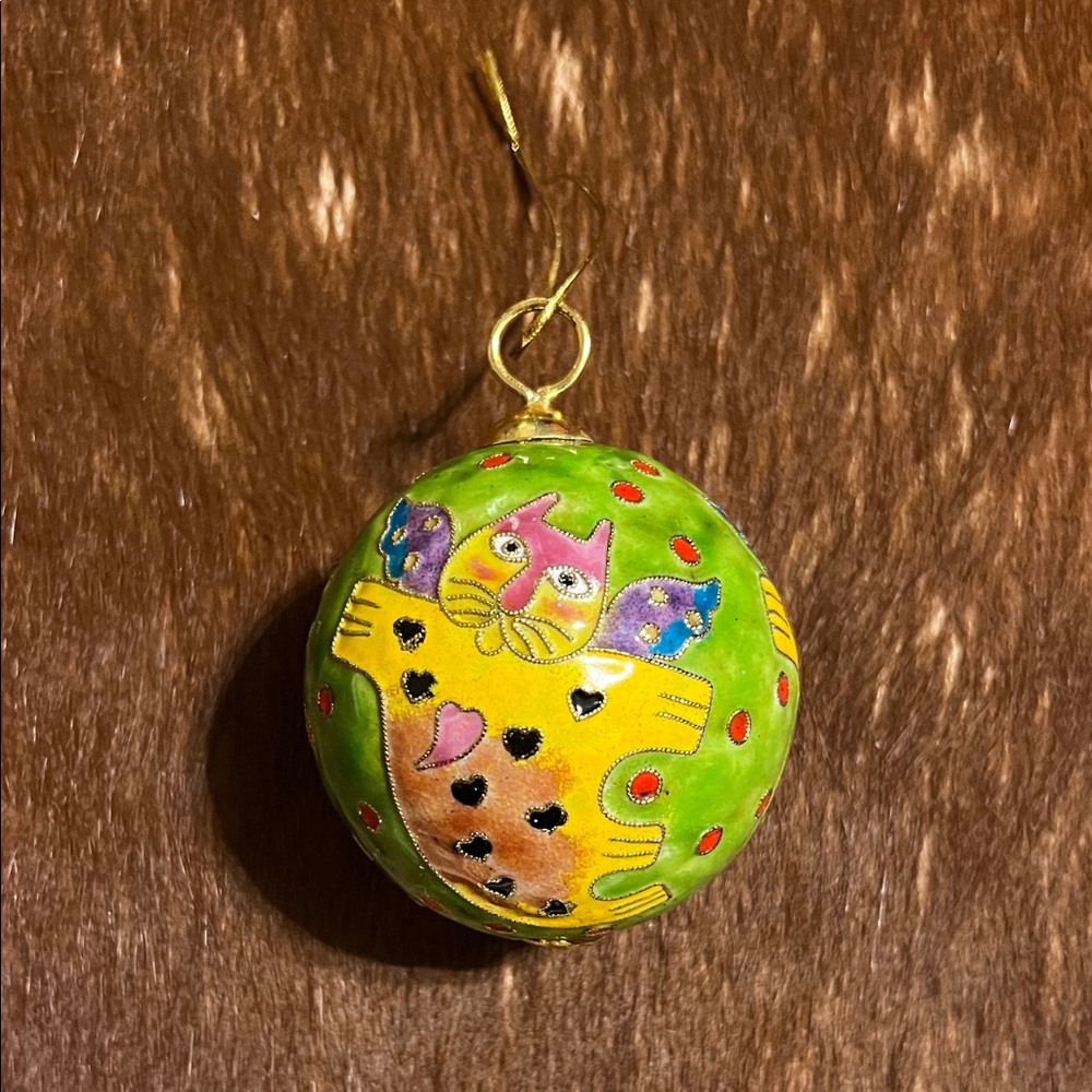 Laurel Burch Green Cloisonné Cat Angel Enamel Christmas Ornament